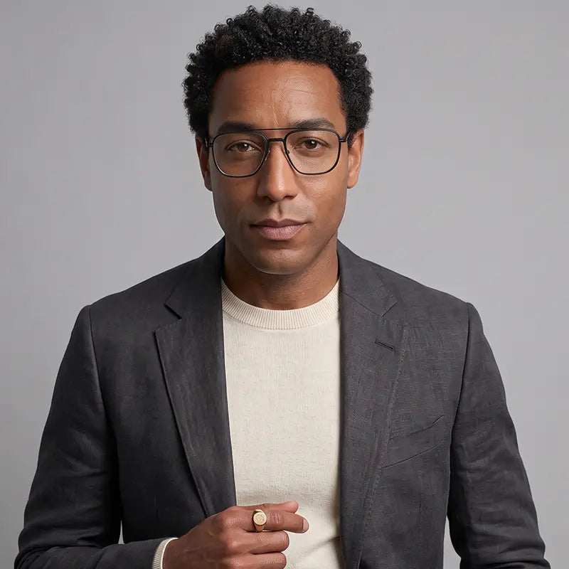 A men wearing a pair of black pure titanium aviator magnetic spectacle frames