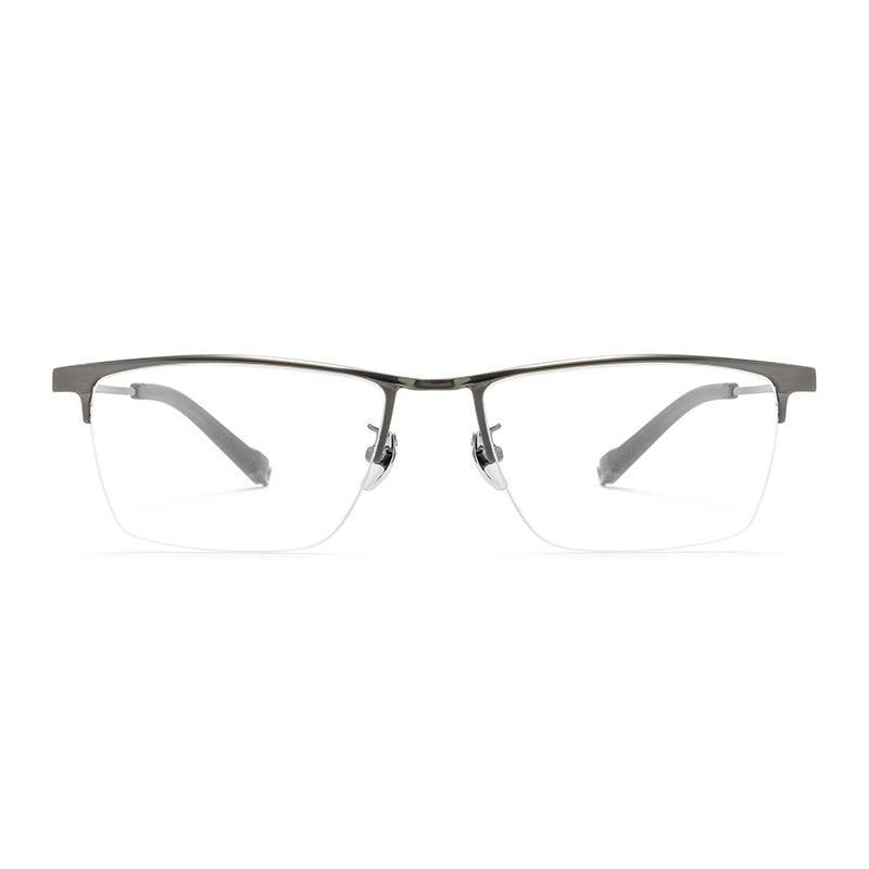 A pair of Pure Titanium Large Semi Rimless Spectacles for Men from Verhalo Vision with a matte dark gray metal frame and clear lenses, shown against a plain white background.