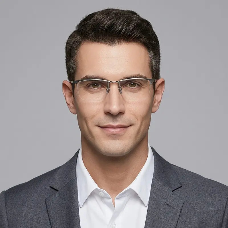 A man wearing Pure Titanium Large Semi Rimless Spectacles from Verhalo Vision, a white collared shirt, and a dark gray suit jacket, photographed against a solid gray background.