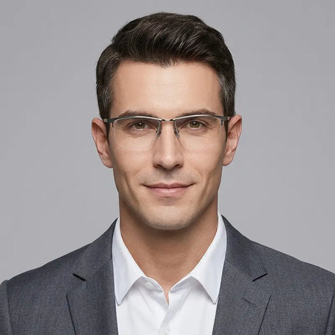 A man wearing Pure Titanium Large Semi Rimless Spectacles from Verhalo Vision, a white collared shirt, and a dark gray suit jacket, photographed against a solid gray background.