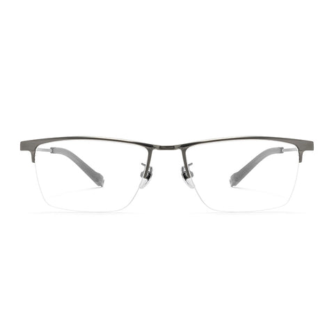 A pair of Pure Titanium Large Semi Rimless Spectacles for Men from Verhalo Vision with a matte dark gray metal frame and clear lenses, shown against a plain white background.