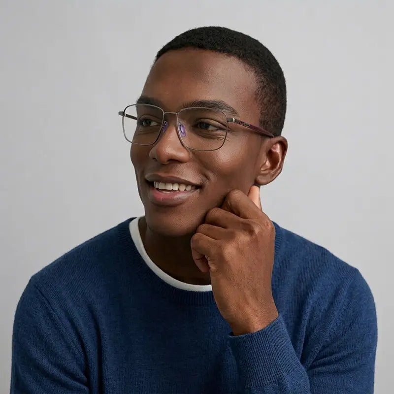 A smiling man wearing stylish pure titanium designer eyewear from Verhalo Vision with a dark gray titanium eyeglass frame and a blue knit sweater, posing against a light gray background.