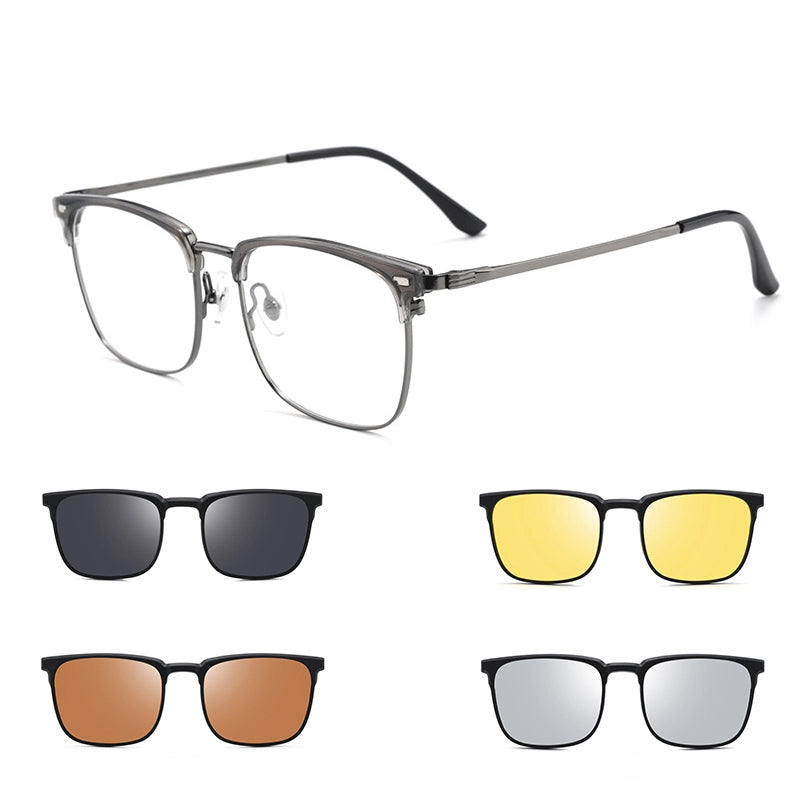 A pair of gray titanium square browline magnetic frame glasses shown on a white background, with four smaller views below showing different lens colors: dark gray, yellow, bronze, and silver.