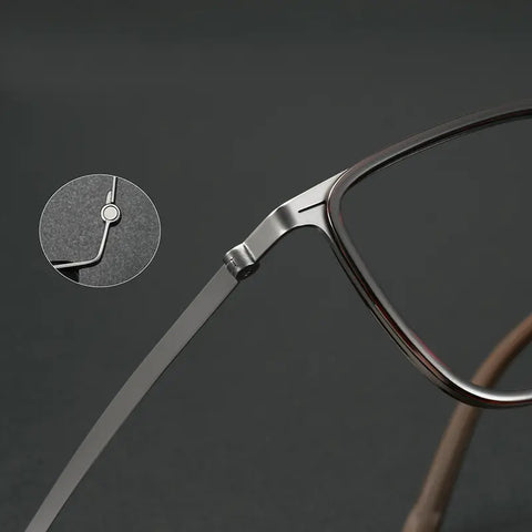 Close-up of a pair of titanium eyeglass arms showing a titanium hinge detail, with a circular inset highlighting the hinge construction, on a dark gray background.