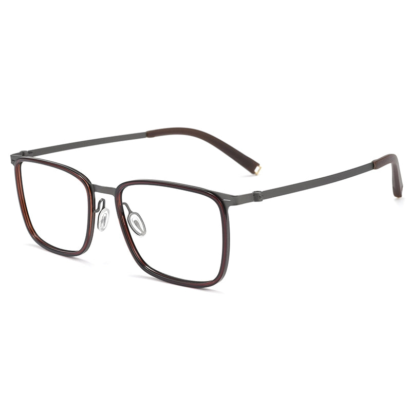 Rectangular titanium eyeglasses from Verhalo Vision with a dark red TR90 front and temples, shown on a clean white background.