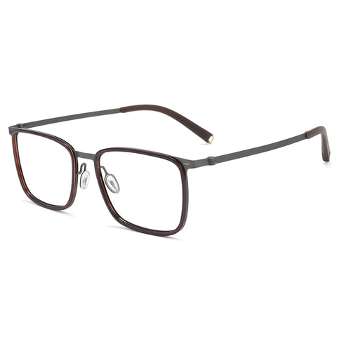 Rectangular titanium eyeglasses from Verhalo Vision with a dark red TR90 front and temples, shown on a clean white background.