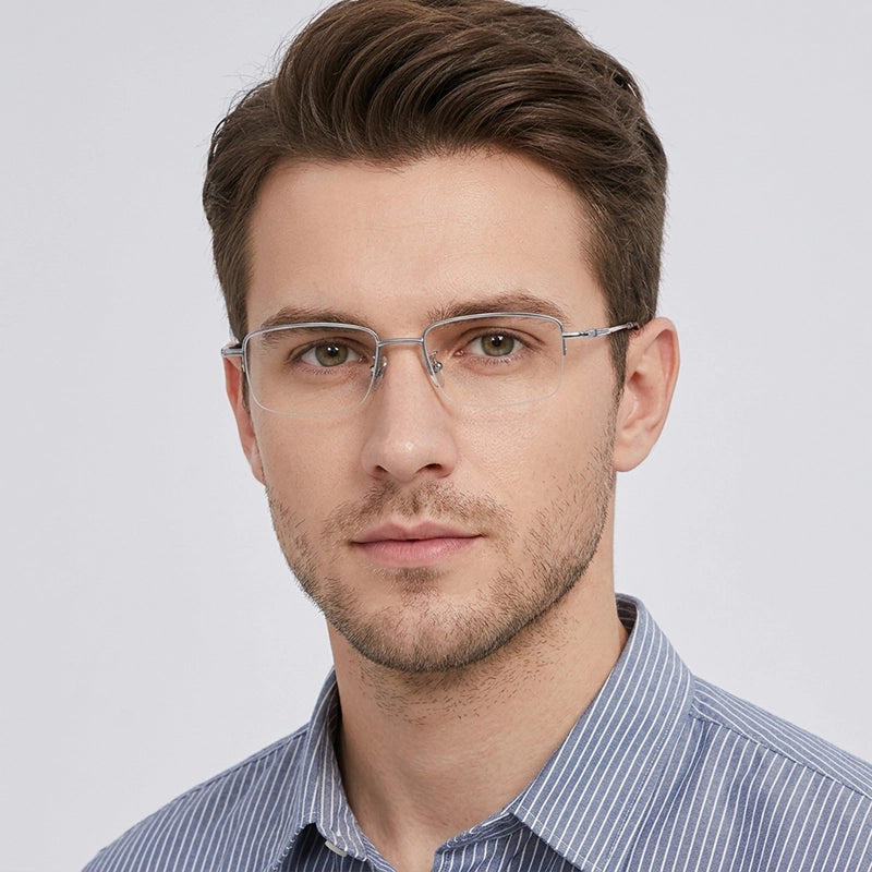 A man wearing silver pure titanium half frame glasses for men from Verhalo Vision with a silver frame and clear lenses, paired with a blue and white striped button-down shirt, set against a solid light gray background.