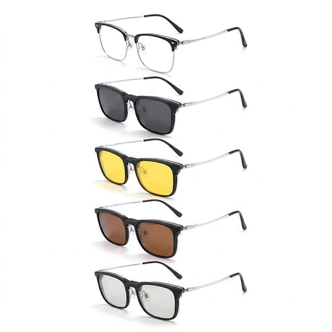 Five pairs of titanium square browline magnetic frame glasses arranged vertically on a white background, showing different lens colors: clear, dark gray, yellow, brown, and clear.