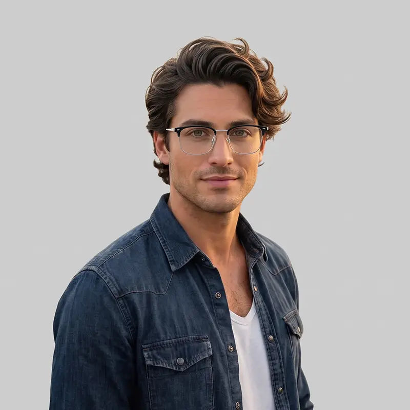 A man with titanium square browline magnetic frame glasses, a dark blue denim shirt over a white t-shirt, against a solid light gray background.
