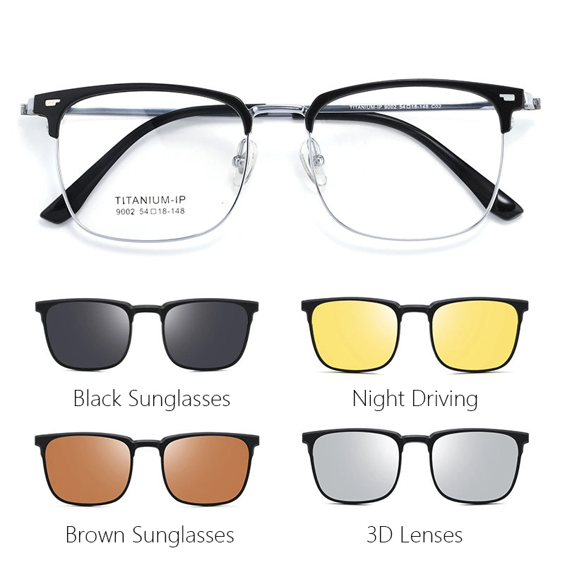 A set of titanium square browline magnetic frame glasses shown on a white background, with four smaller variant views below labeled 'Black Sunglasses,' 'Night Driving,' 'Brown Sunglasses,' and '3D Lenses.' The top pair has a black front frame with silver metal temples and clear lenses; text on the lens reads TITANIUM.