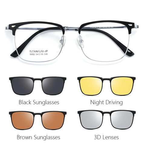 A set of titanium square browline magnetic frame glasses shown on a white background, with four smaller variant views below labeled 'Black Sunglasses,' 'Night Driving,' 'Brown Sunglasses,' and '3D Lenses.' The top pair has a black front frame with silver metal temples and clear lenses; text on the lens reads TITANIUM.