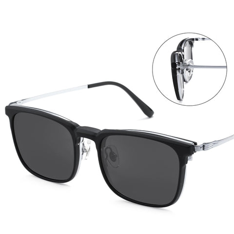 Black titanium square browline magnetic frame glasses with dark lenses and silver titanium temples, shown on a white background with a circular inset detail of the temple hinge.