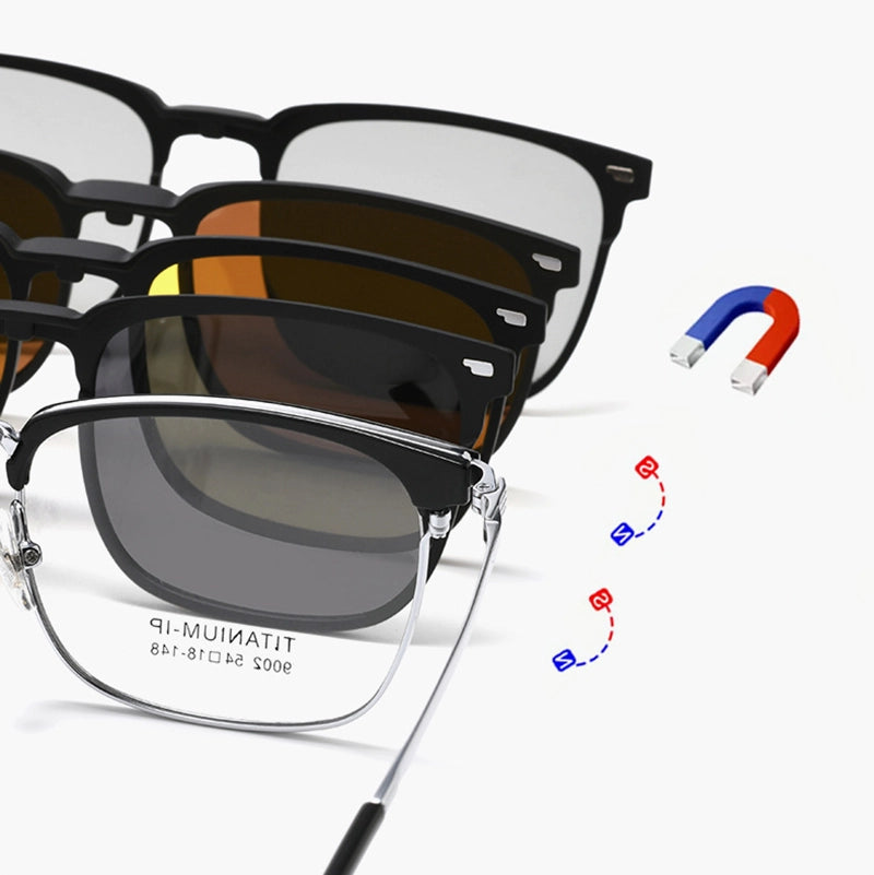 A stack of titanium square browline magnetic frame glasses with different lens colors and polarized lenses, shown alongside a small blue and red magnetic demonstration graphic on a clean white background.