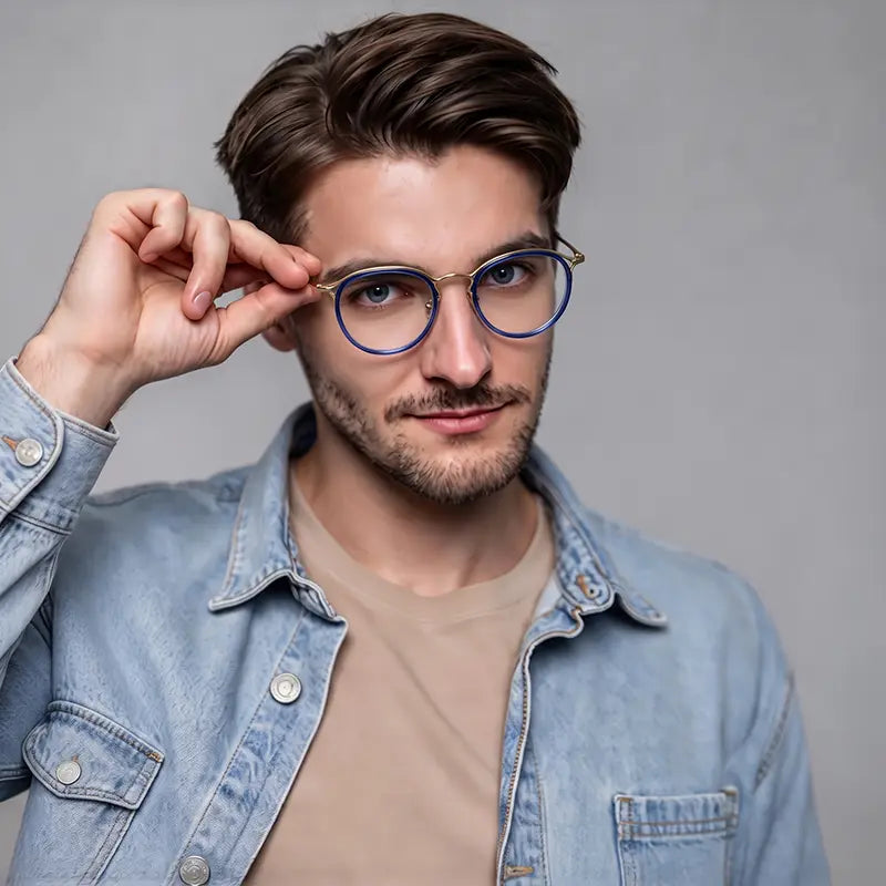 A man wearing round vintage designer eyelasses with gold pure titanium frames, holding one side of the glasses with his hand. He is wearing a light blue denim shirt over a beige t-shirt, set against a solid gray studio background.