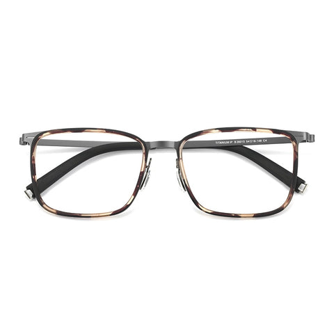 A pair of Titanium Square Tortoise Glasses for Men and Women from Verhalo Vision with a tortoiseshell TR90 rims, and grey temple arms, shown against a plain white background.